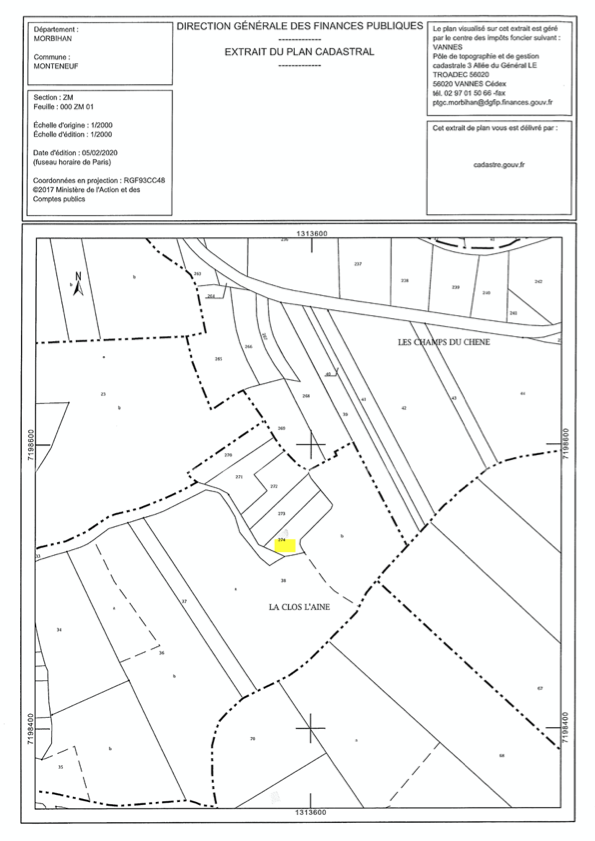 Mappa catastale di Monteneuf: il terreno di HappyLandGifts è contrassegnato in giallo