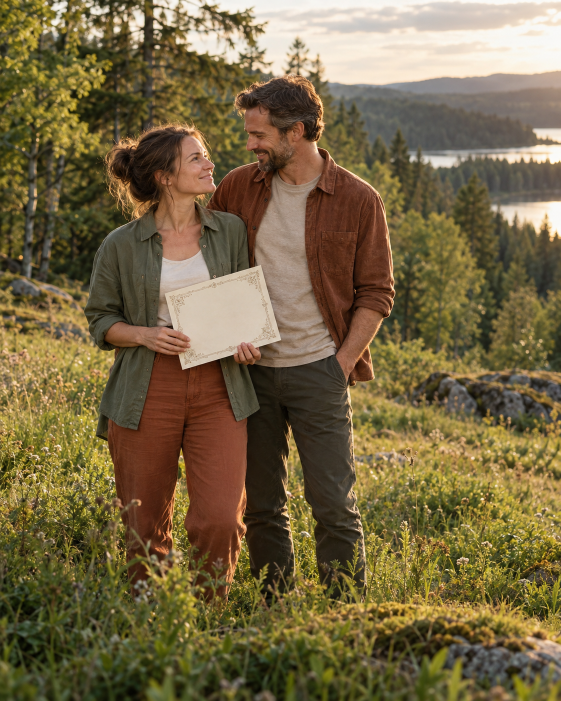 Escena ilustrativa: una pareja feliz en plena naturaleza con un título de propiedad de un terreno